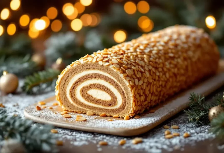 Bûche roulée de Noël façon chef : praliné maison, ganache montée et croustillant d’amandes en robe dorée Bûche roulée de Noël façon chef : praliné maison, ganache montée et croustillant d’amandes en robe dorée