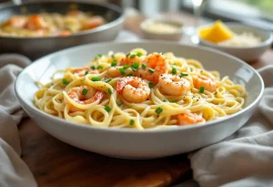 Linguine aux poireaux, crème et crevettes gourmandes