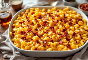 Macaroni au fromage ultra crémeux, cheddar fort, bacon croustillant et sirop d'érable